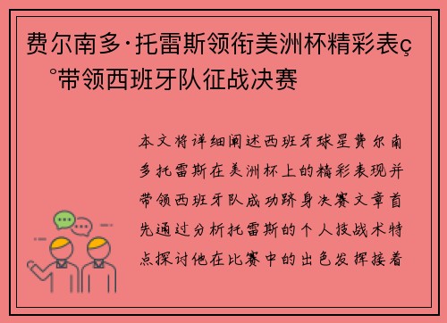 费尔南多·托雷斯领衔美洲杯精彩表现带领西班牙队征战决赛 费尔南多·托雷斯领衔美洲杯精彩表现带领西班牙队征战决赛