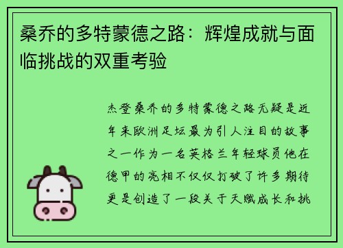 桑乔的多特蒙德之路:辉煌成就与面临挑战的双重考验 桑乔的多特蒙德之路:辉煌成就与面临挑战的双重考验